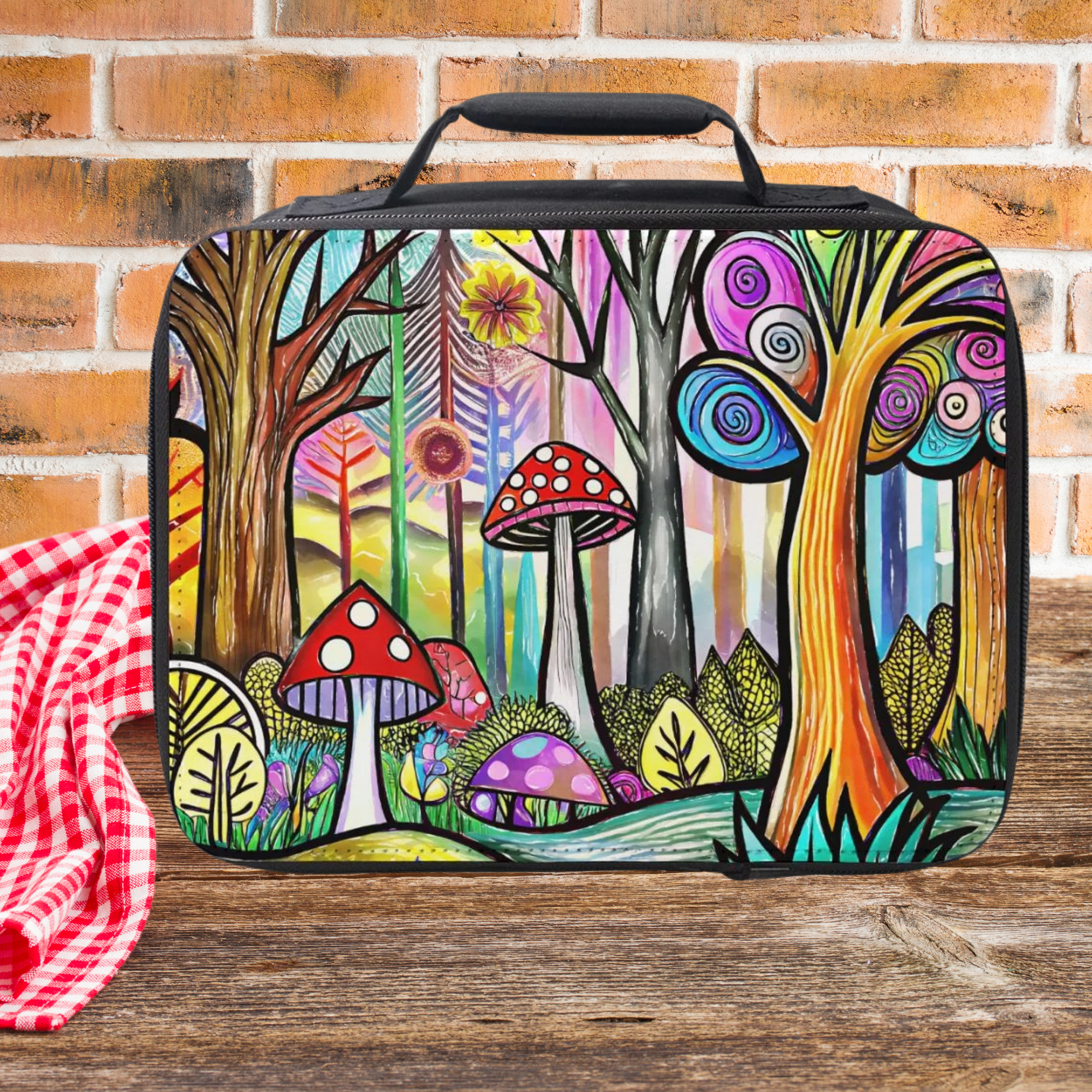 Colorful forest-themed lunch bag with mushrooms and trees on a picnic table  against a  brick wall background