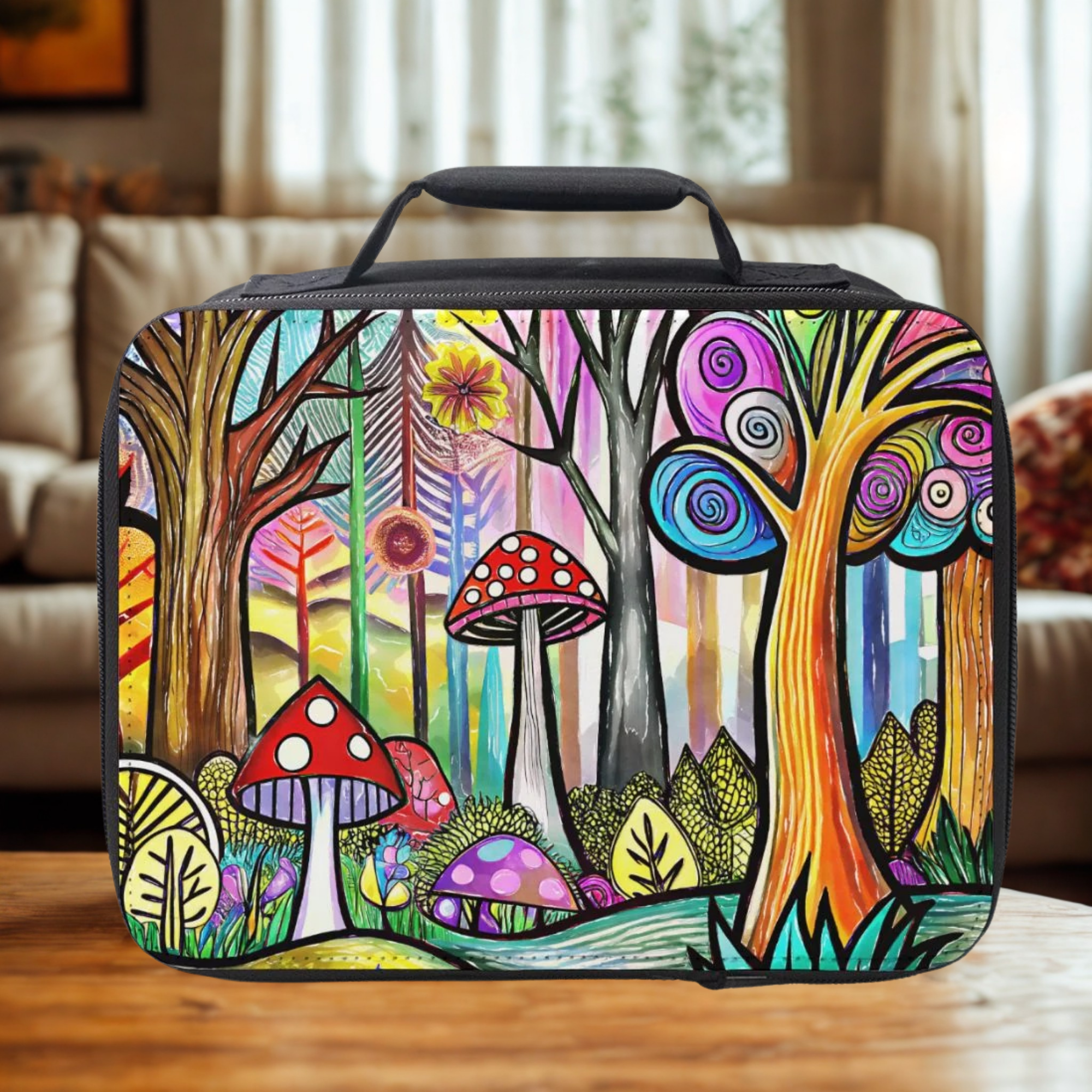 Colorful forest design on a black lunch bag on a wooden table in a living room setting