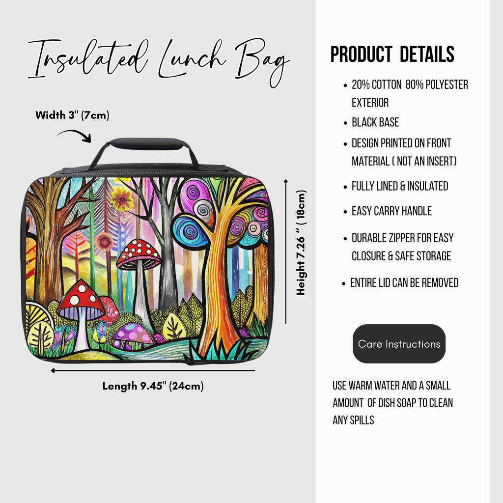 Insulated lunch bag with colorful forest design and product details on a white background