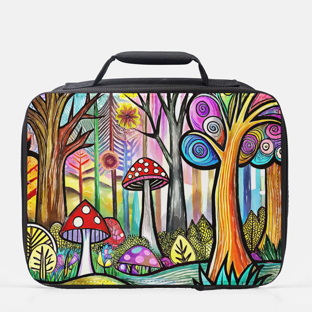 Colorful forest-themed lunch bag with trees, mushrooms, and abstract designs on a white background