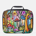 Colorful forest-themed lunch bag with trees, mushrooms, and abstract designs on a white background