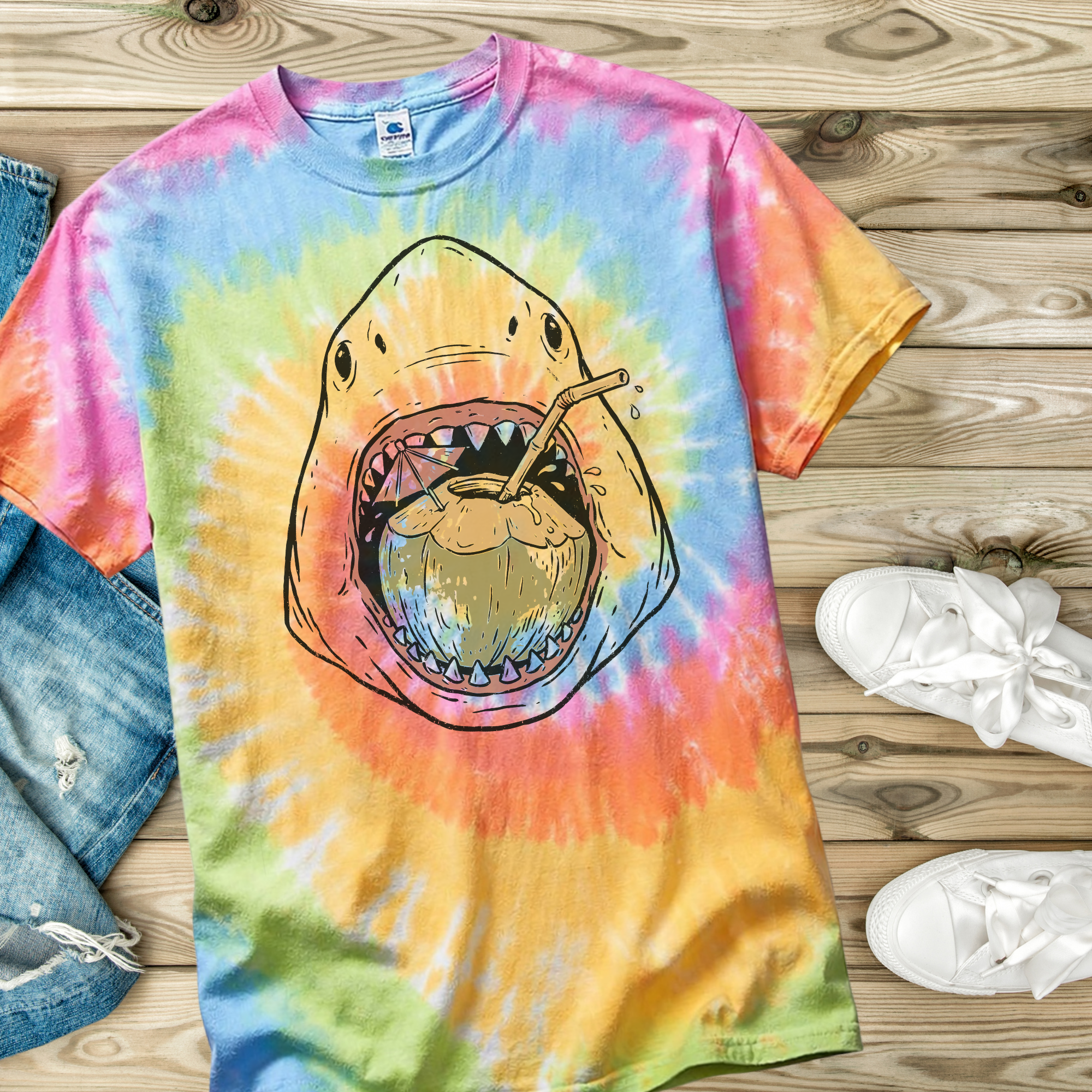 Tie-dye t-shirt in the color Eternity with a shark design on a wooden surface with jeans and shoes.