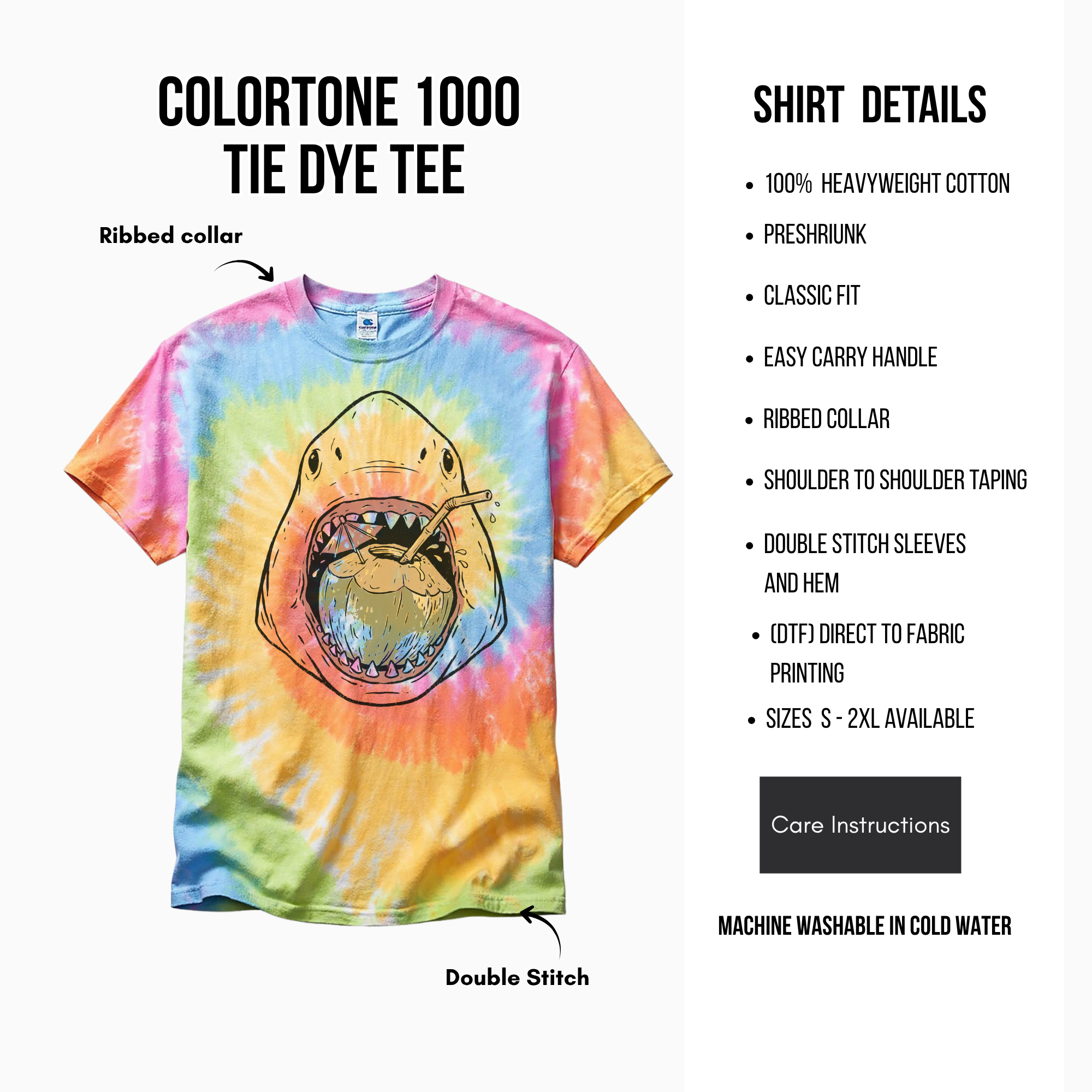 Tie-dye t-shirt with shark graphic and product details on a white background