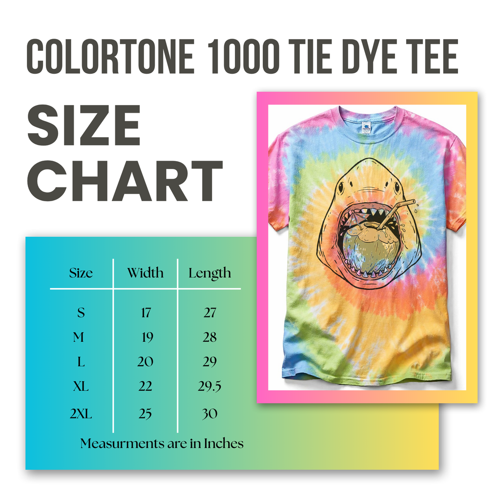 Size chart for Colortone 1000 Tie Dye Tee with a colorful t-shirt featuring a shark design.
