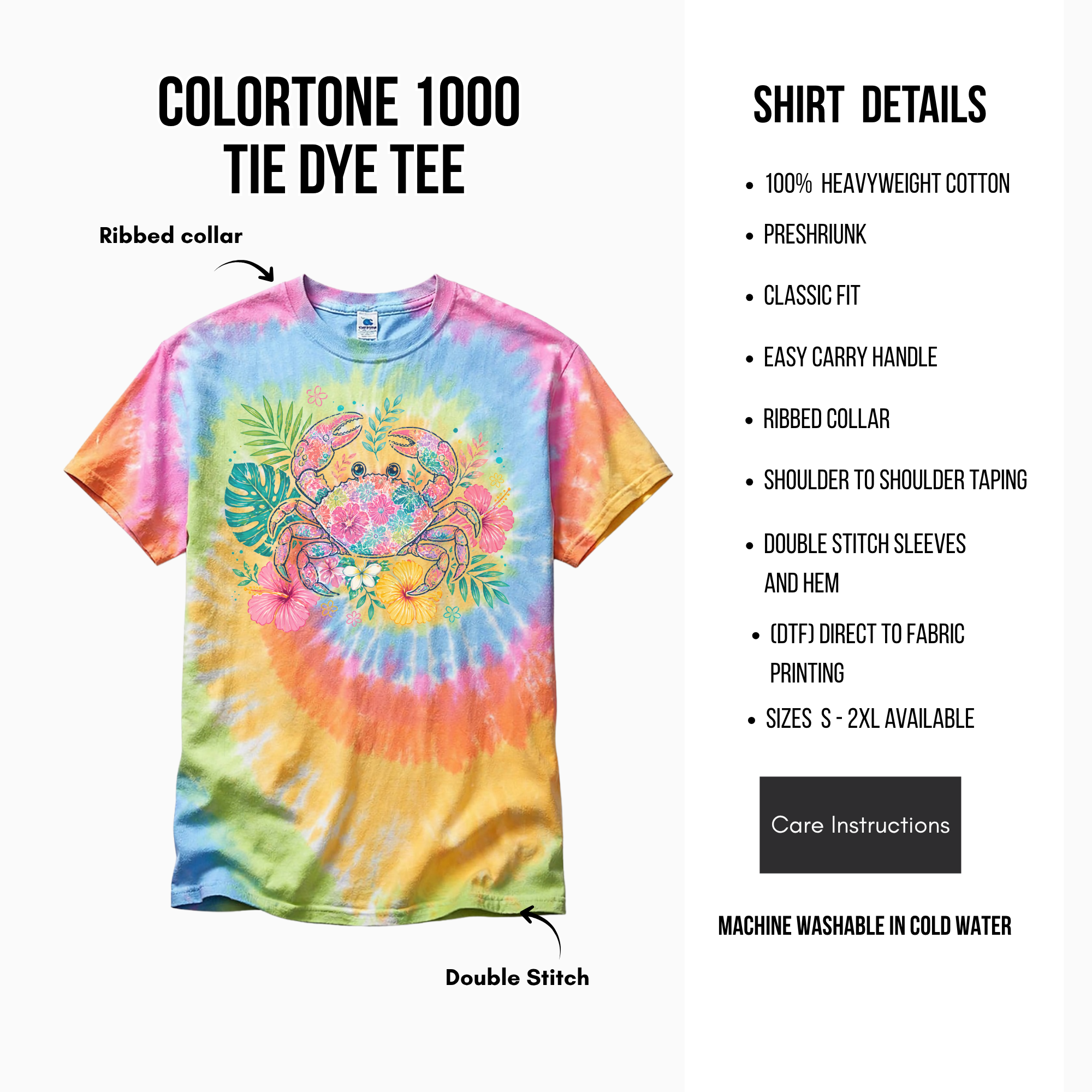 Colorful tie-dye t-shirt with brand details on a white background