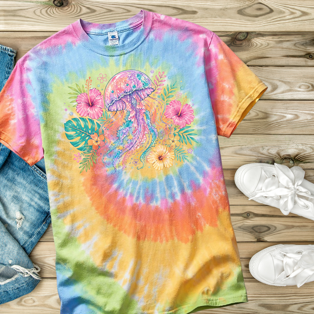 Colorful tie-dye t-shirt with a jellyfish design on a wooden surface.