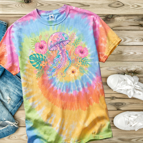 Colorful tie-dye t-shirt with a jellyfish design on a wooden surface.