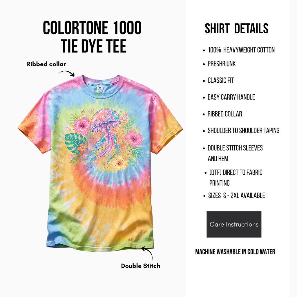 Colorful tie-dye t-shirt with a design of a jellyfish and flowers, displayed with shirt details on a white background.
