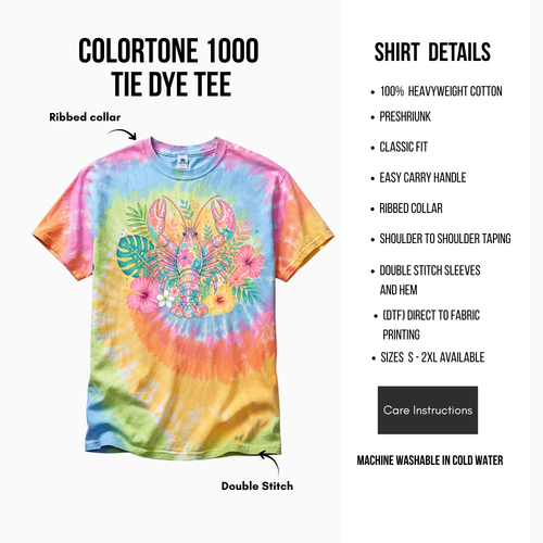 Colorful tie-dye t-shirt with floral design on a white background, featuring shirt details and care instructions.