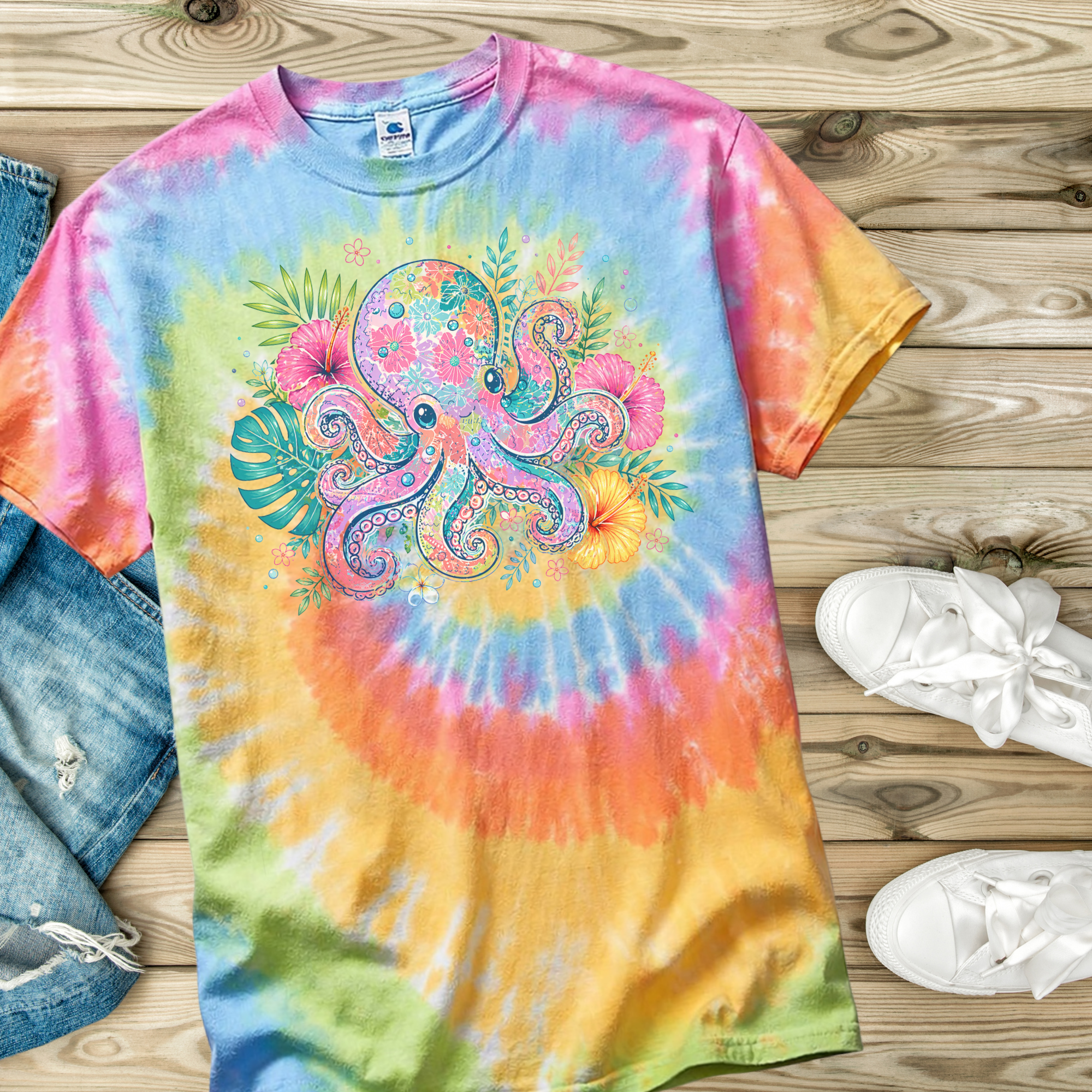 Colorful tie-dye t-shirt in the color Eternity with a floral octopus design on a wooden surface.