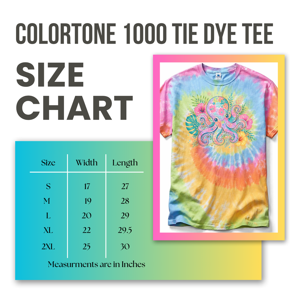 Coloritone 1000 tie dye tee size chart with a colorful t-shirt design.