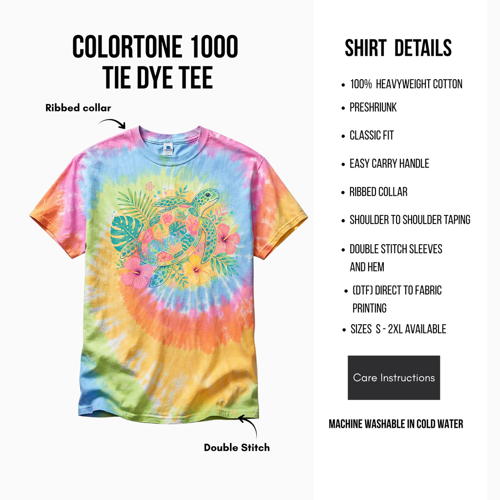Colorful tie-dye t-shirt with a sea turtle design on a white background, featuring shirt details and care instructions.