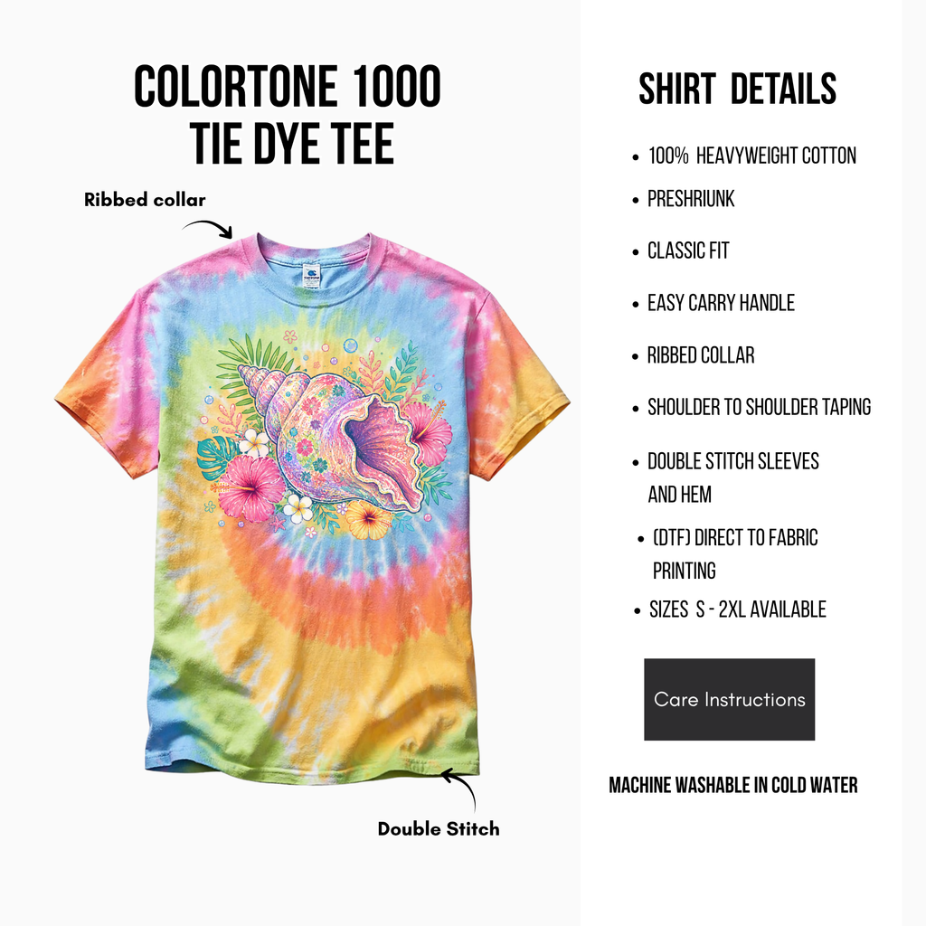 Colorful tie-dye t-shirt with a shell design on a white background, featuring shirt details and care instructions.