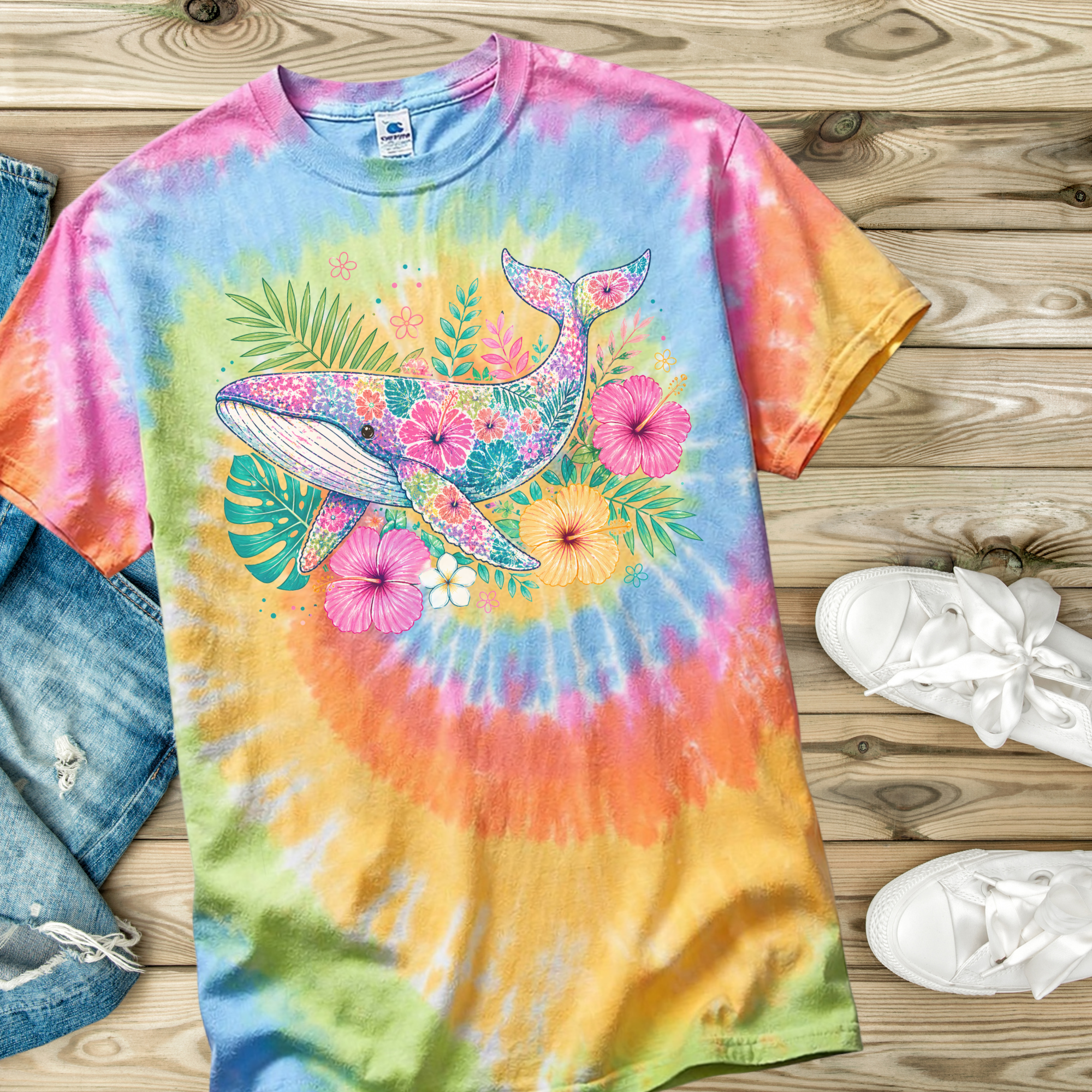 Colorful tie-dye t-shirt with a floral whale design on a wooden surface.
