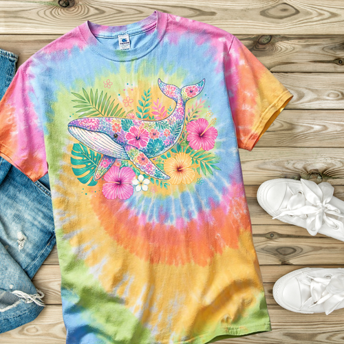 Colorful tie-dye t-shirt with a floral whale design on a wooden surface.