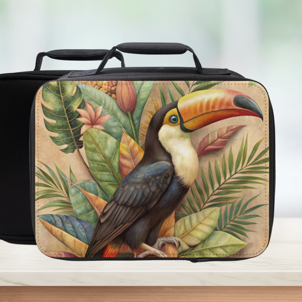  insulated lunch bag with toucan and tropical leaves design