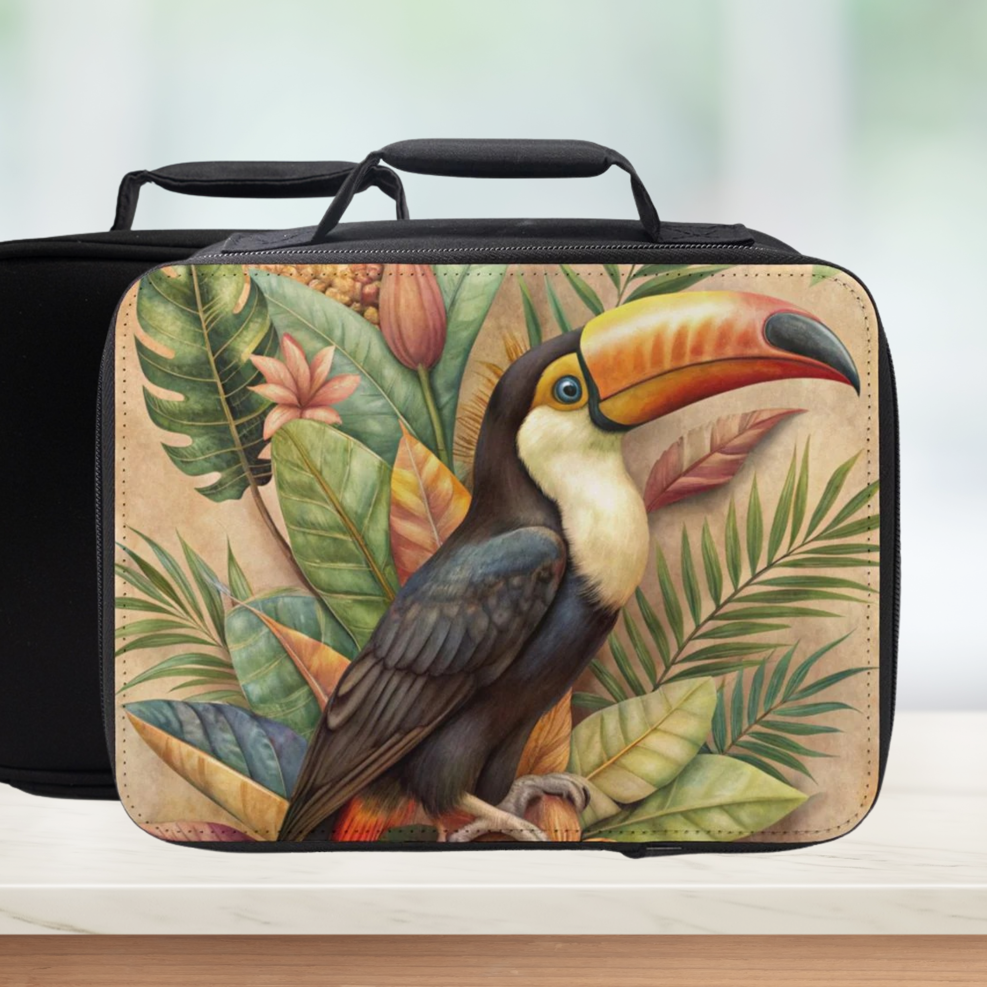  insulated lunch bag with toucan and tropical leaves design