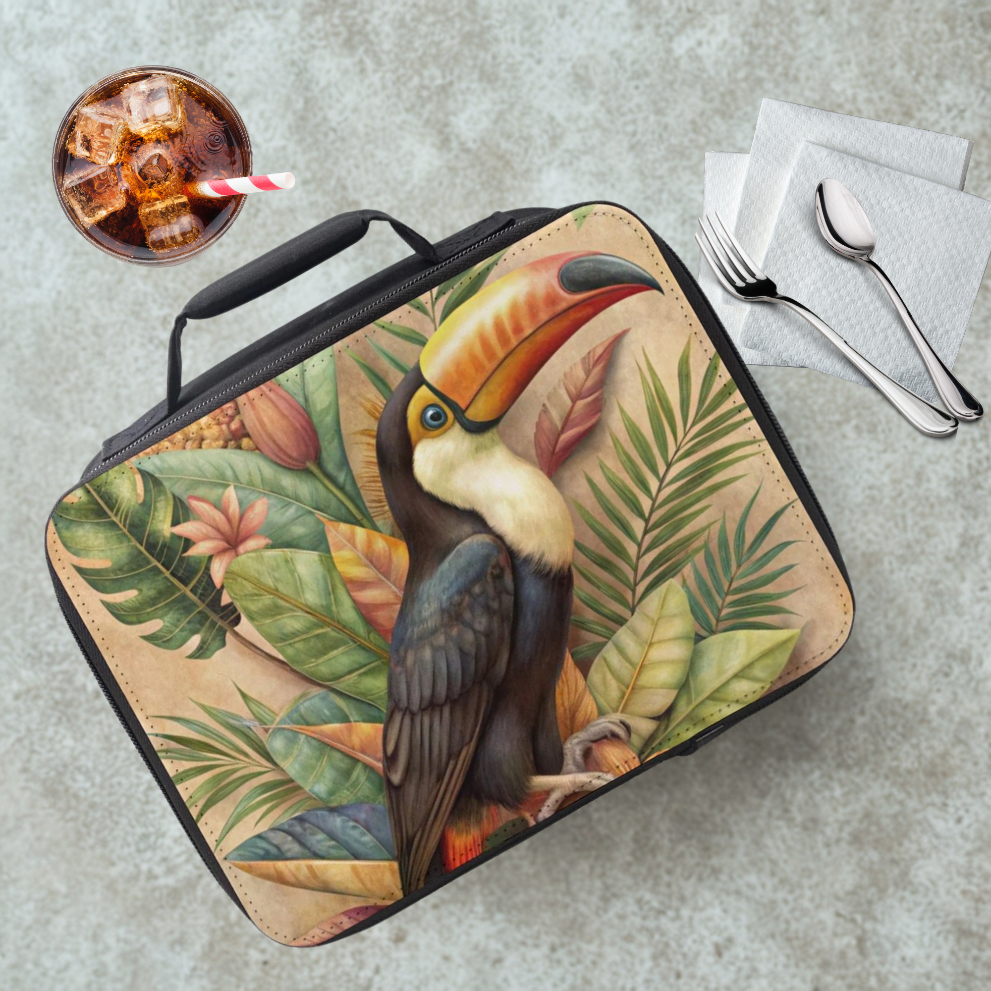 Lunch bag with toucan design on a table with a drink and utensils.