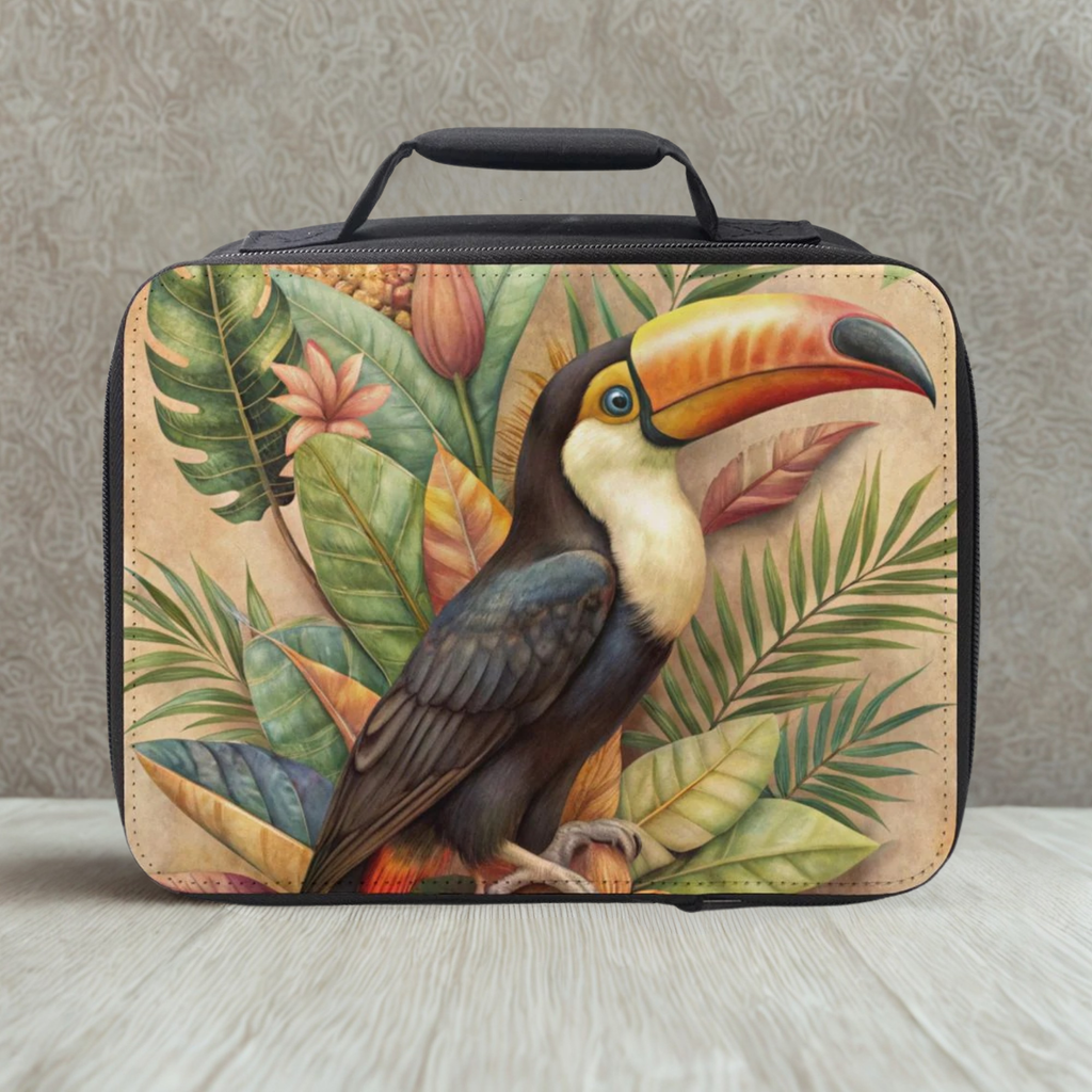  insulated lunch bag with toucan design on a neutral background