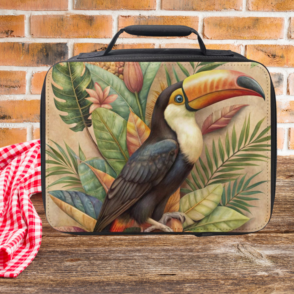 Toucan-themed lunch bag with tropical leaves on a wooden surface and brick wall background