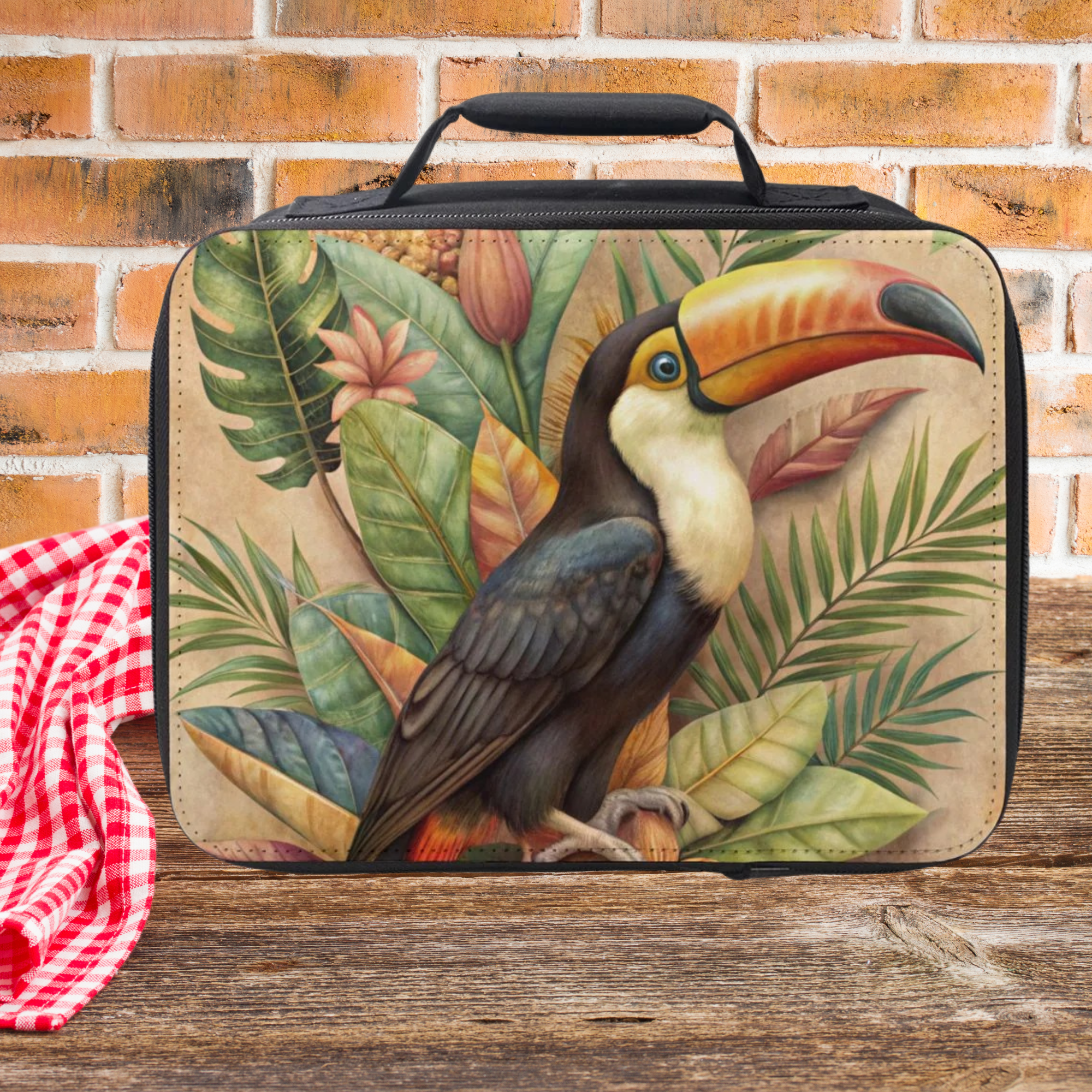 Toucan-themed lunch bag with tropical leaves on a wooden surface and brick wall background