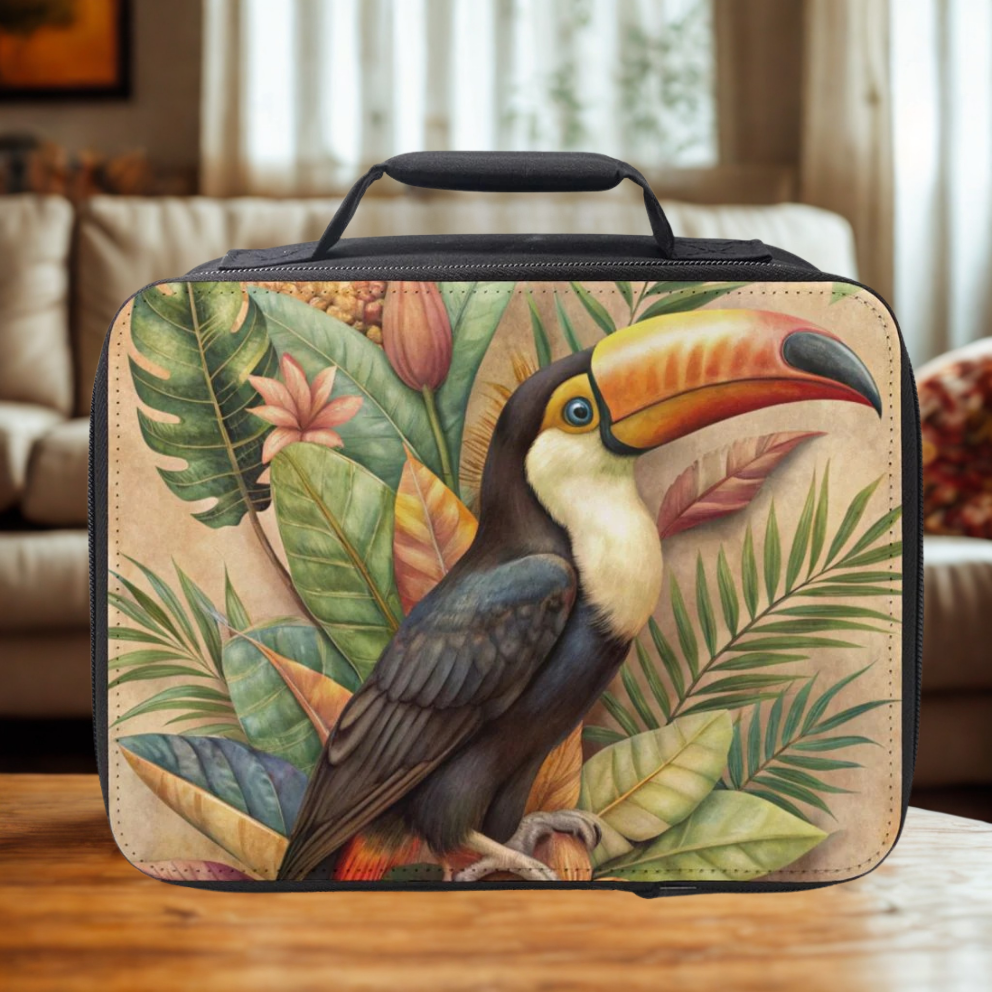 Toucan-themed insulated lunch bag on a wooden surface with a blurred indoor background