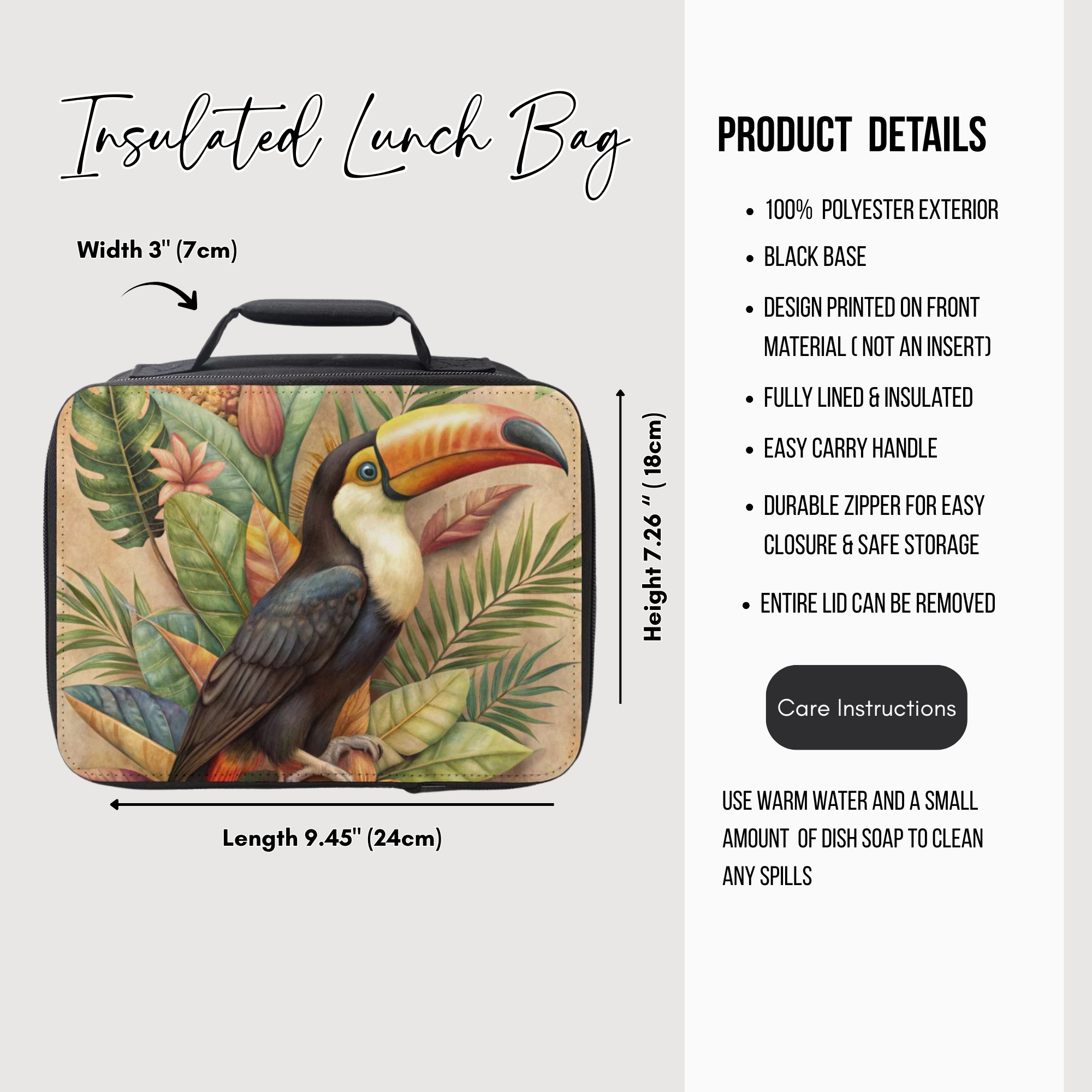 Insulated lunch bag with toucan design and product details on a white background