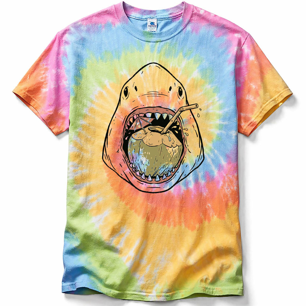 Tie-dye t-shirt with a shark graphic on a white background