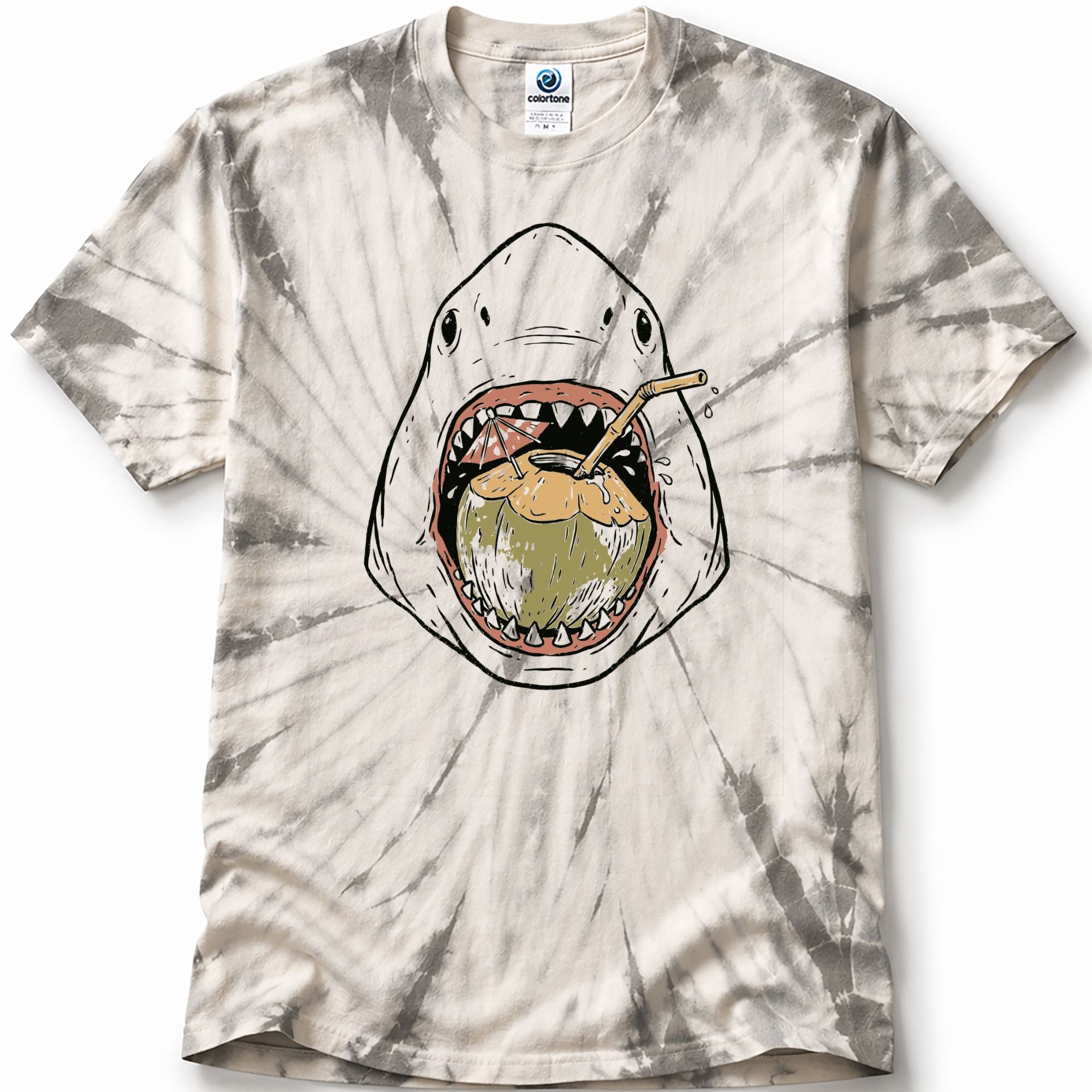 Tie-dye t-shirt with a shark graphic on a white background