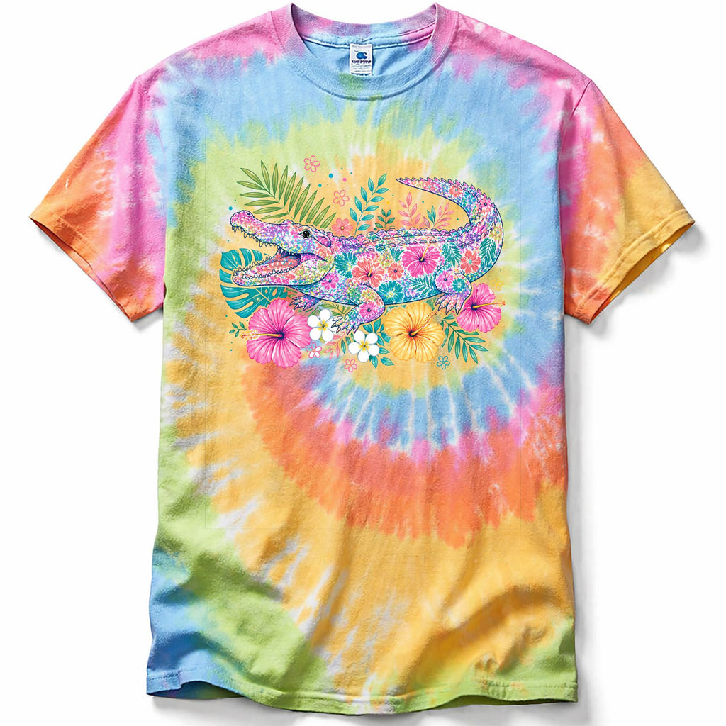 Colorful tie-dye t-shirt with floral and snake design on a white background
