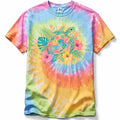 Tie-dye t-shirt with a turtle and floral design on a white background