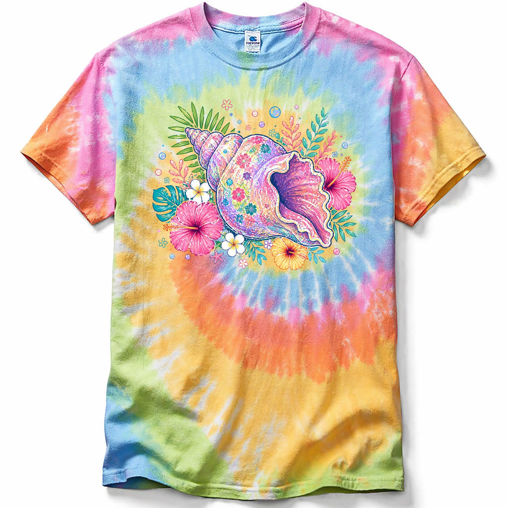 Colorful tie-dye t-shirt with a sea shell and floral design on a white background