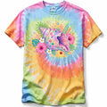 Colorful tie-dye t-shirt with a sea shell and floral design on a white background