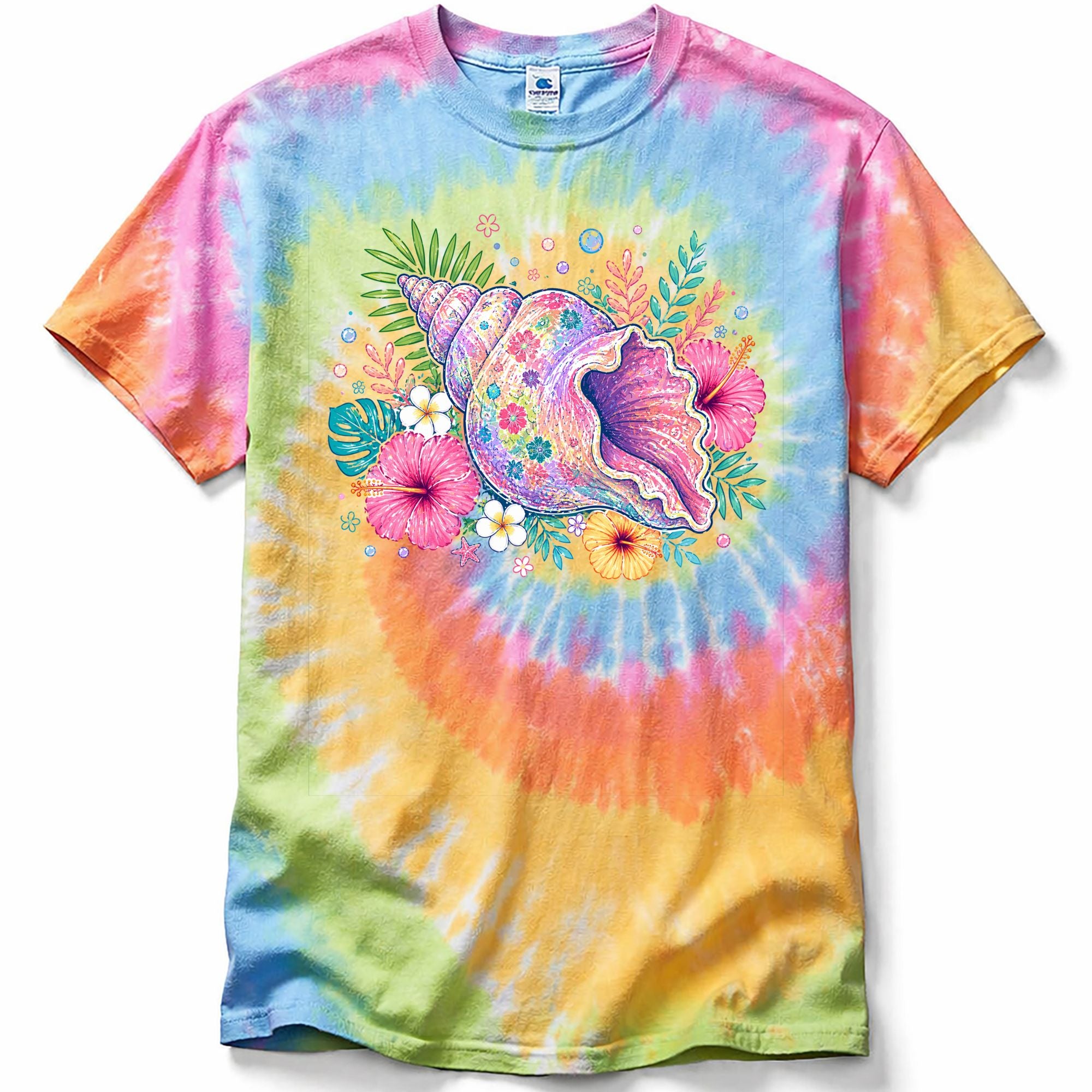 Colorful tie-dye t-shirt with a sea shell and floral design on a white background