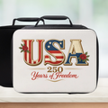 White bag with 'USA 250 Years of Freedom' text and American flag design on a blurred background