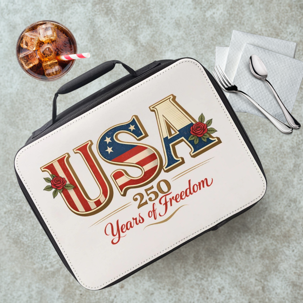  insulated lunch bag with 'USA 250 Years of Freedom' design on a cafeteria table with a drink and utensils.