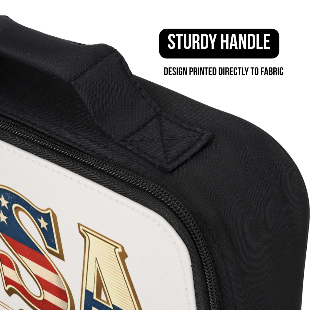 Black lunch bag with 'USA' design and text about a sturdy handle on fabric.