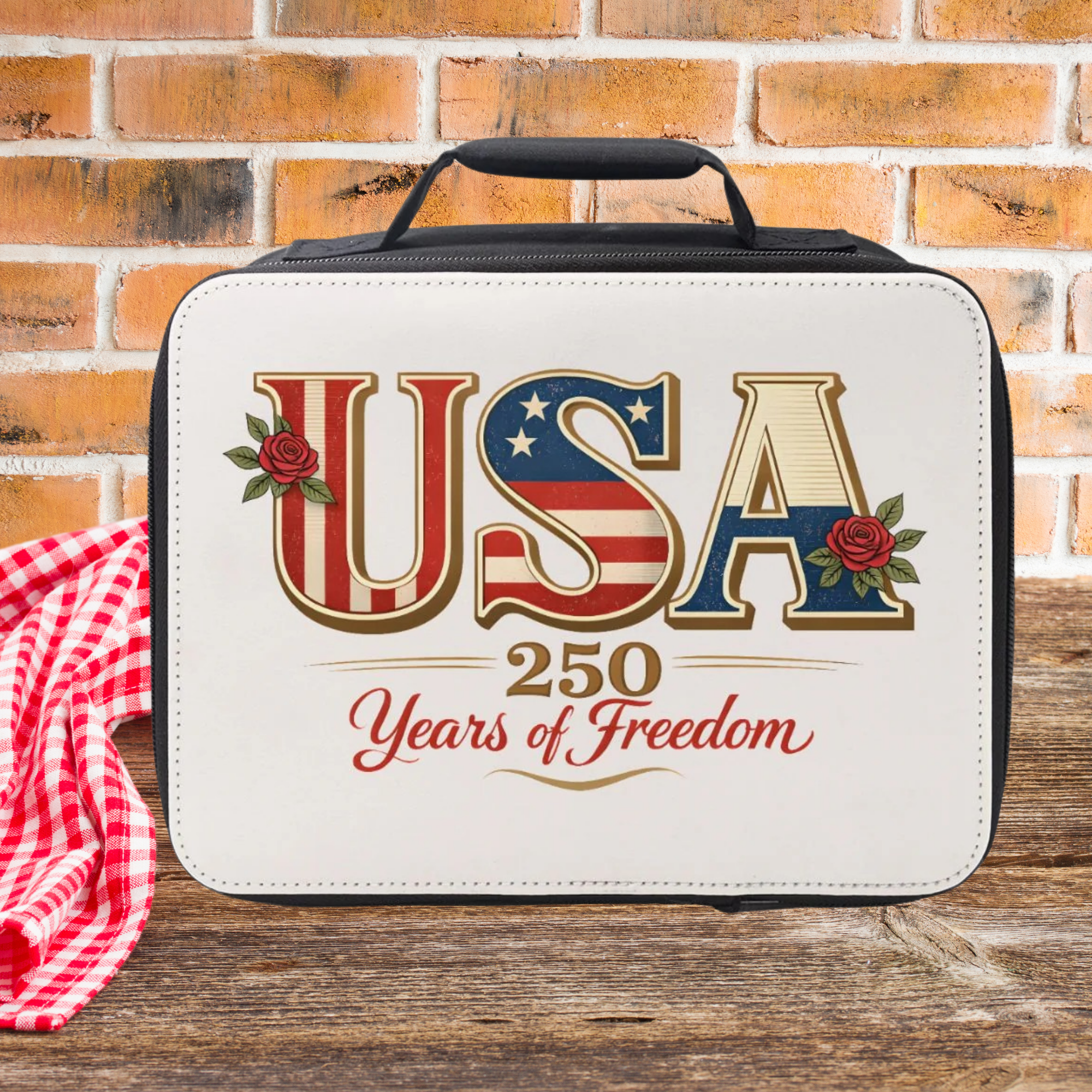 Insulated lunch bag with 'USA 250 Years of Freedom' text on a wooden picnic table against a brick wall background