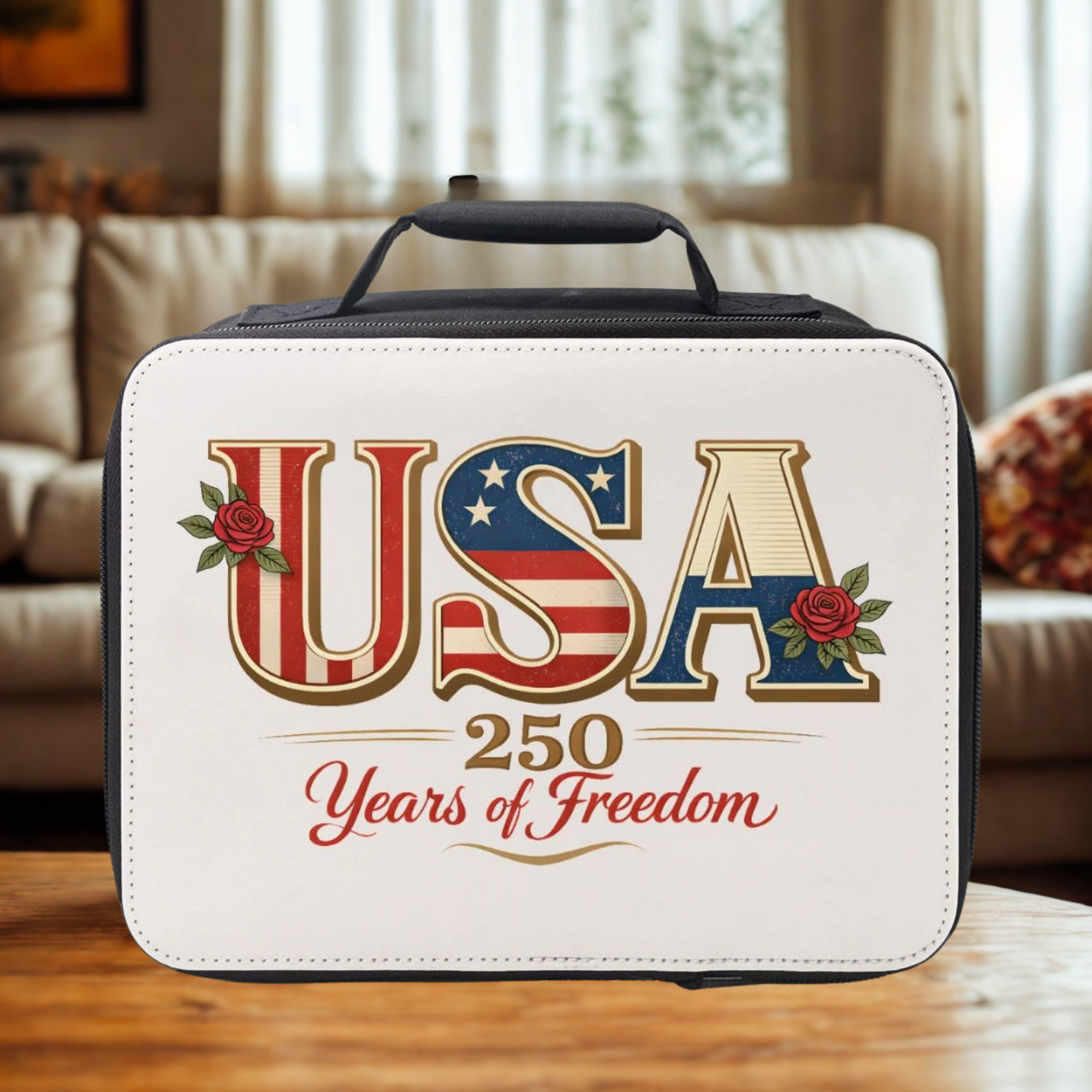 insulated lunch bag with 'USA 250 Years of Freedom' design on a wooden living room table.