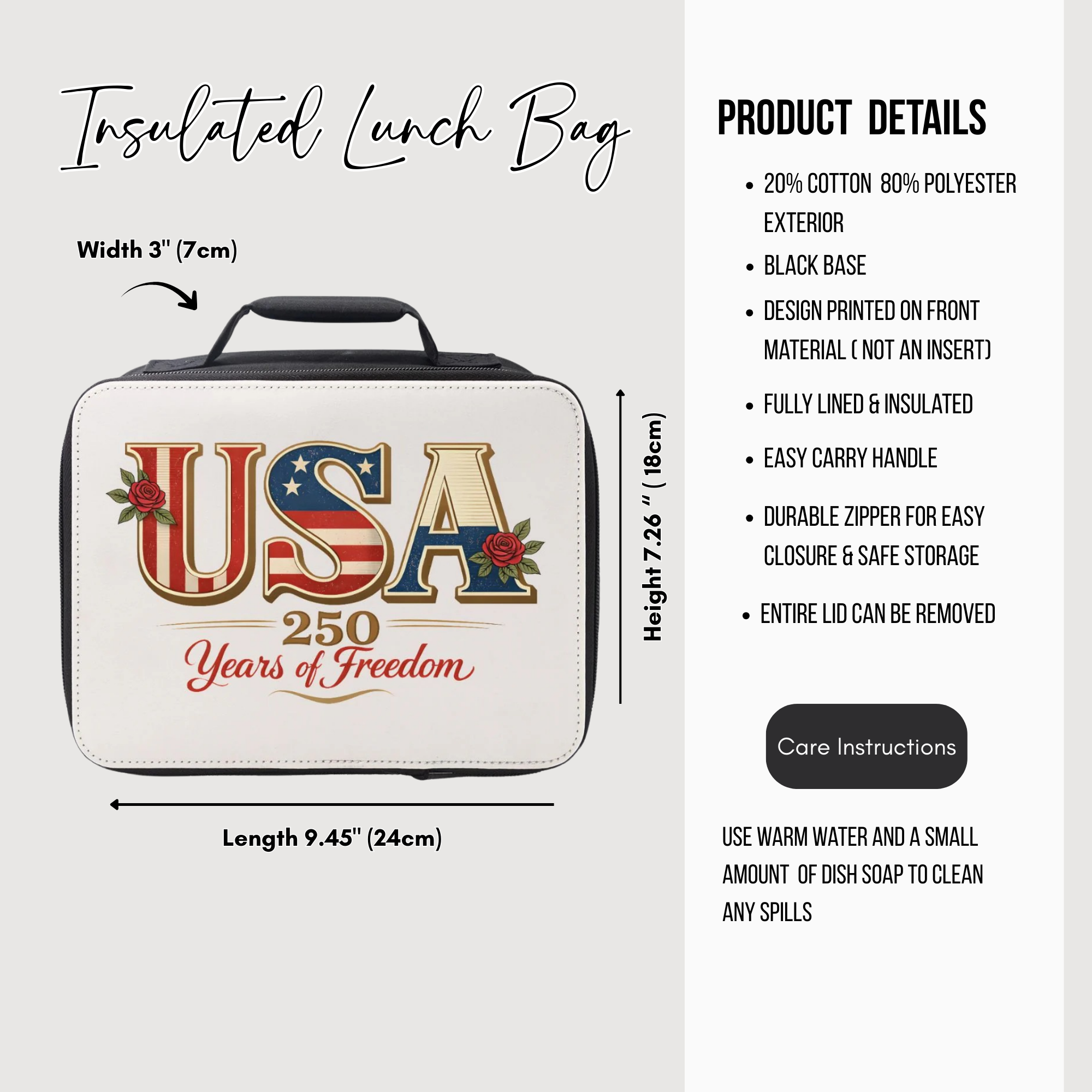 Insulated lunch bag with 'USA 250 Years of Freedom' design, featuring dimensions and product details.