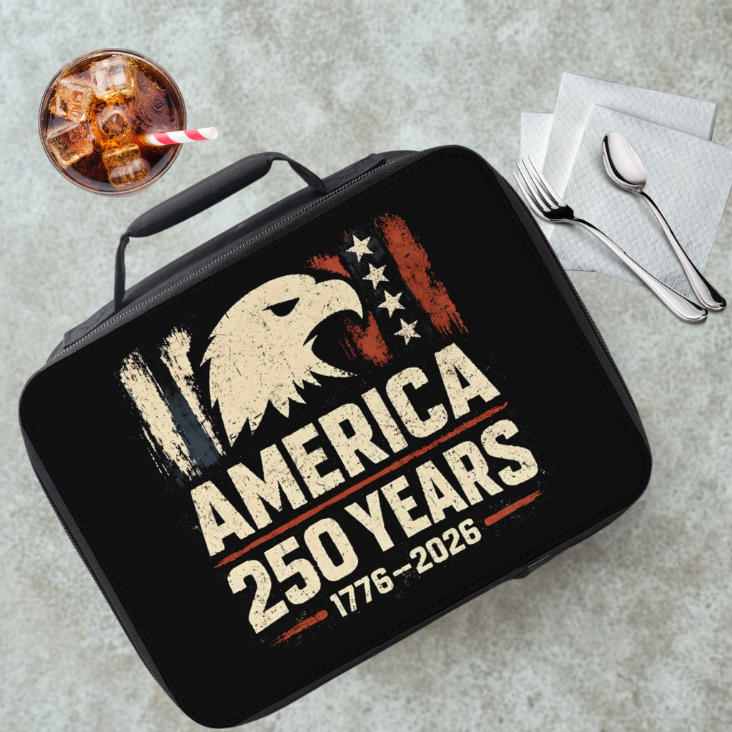 Black lunch box with 'America 250 Years' design on a gray table with a drink and utensils.