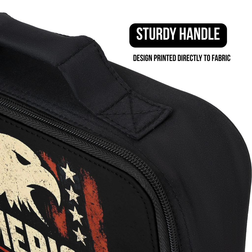 Black lunch bag with American flag design and sturdy handle feature