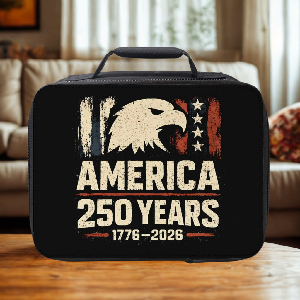 Black lunch bag with American eagle design and 'America 250 Years' text on a wooden table.