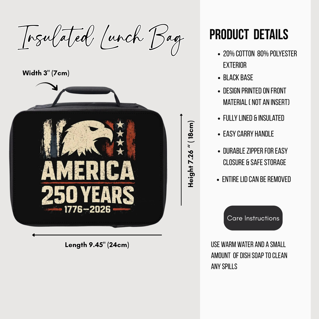 Insulated lunch bag with American design and product details on a white background