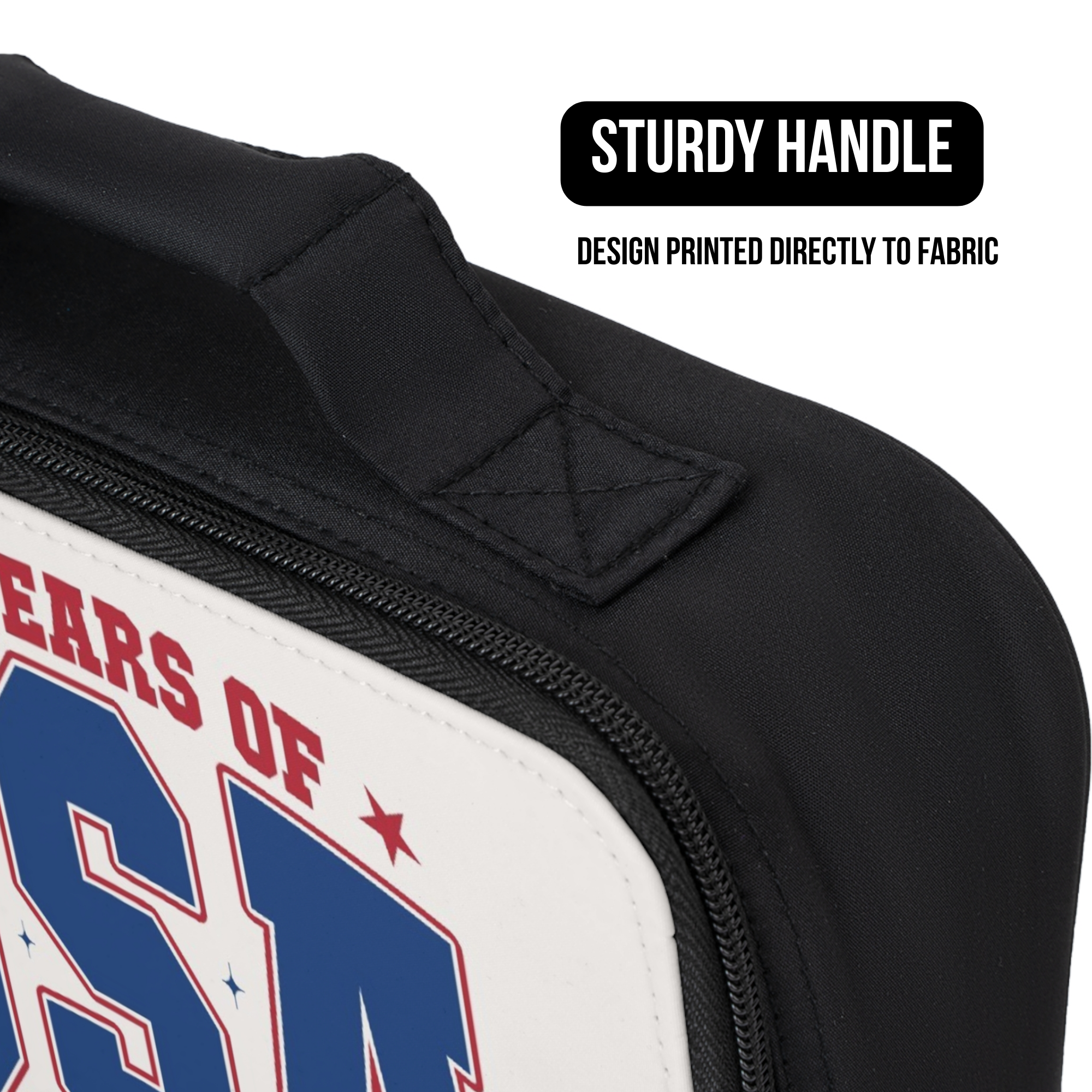 Black lunch bag with 'YEARS OF USA' design and sturdy handle feature.