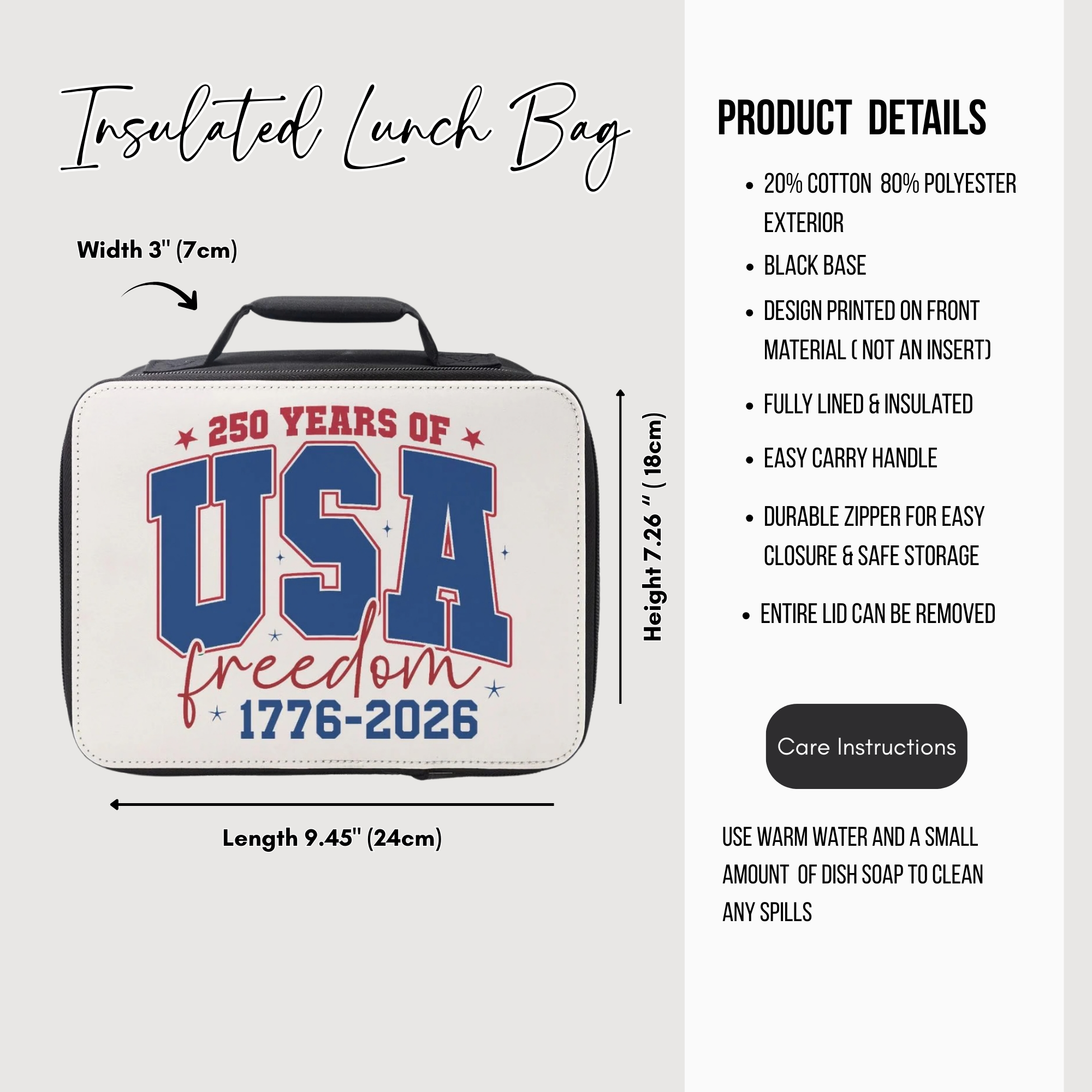 Insulated lunch bag with '250 Years of USA Freedom 1776-2026' design, showing product details and dimensions.