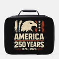 Black lunch bag with American eagle design and 'America 250 Years' text on a white background