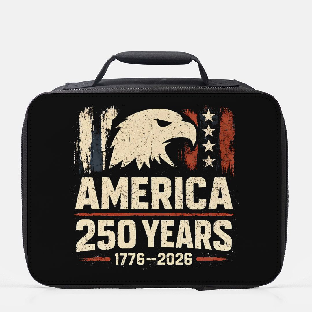Black lunch bag with American eagle design and 'America 250 Years' text on a white background