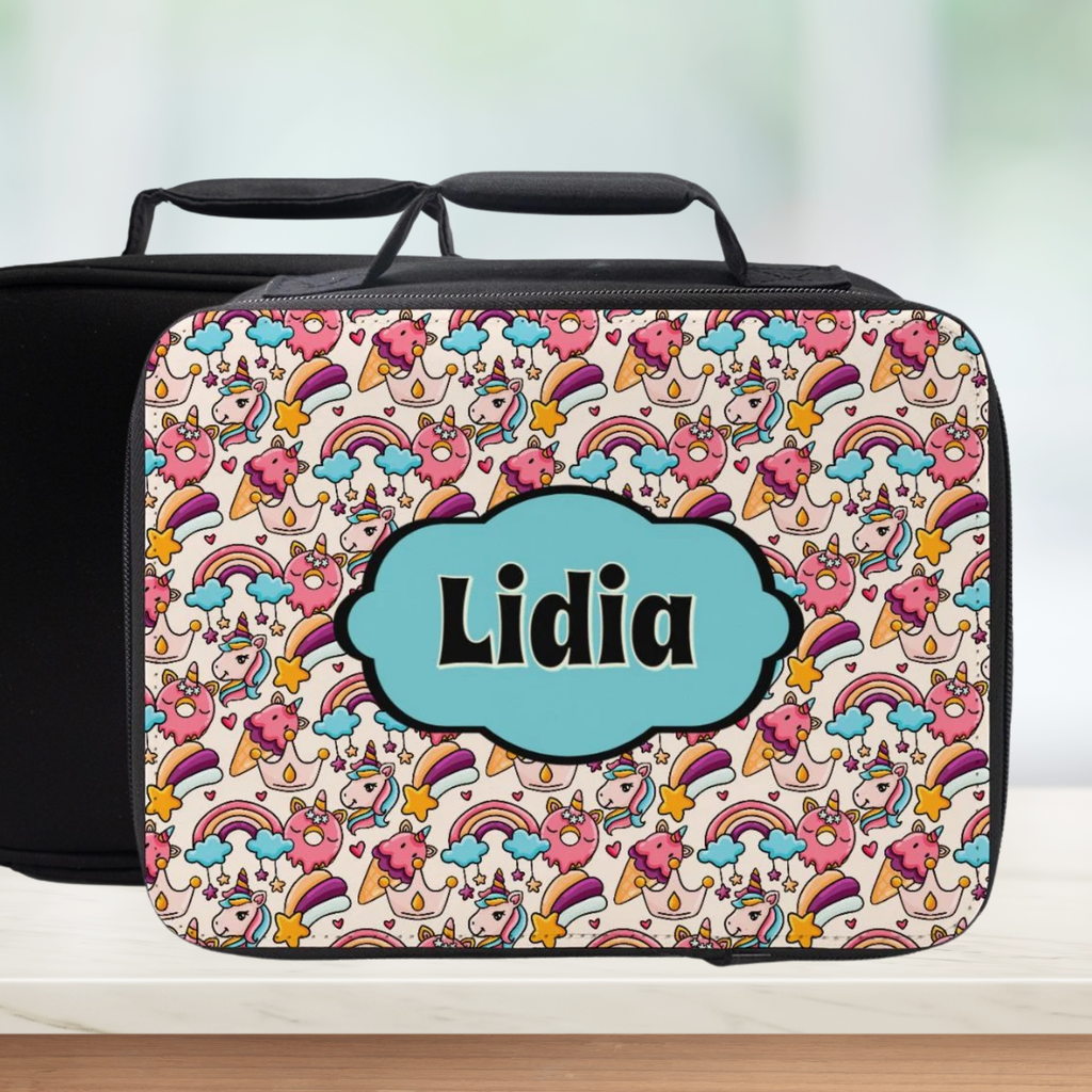 Colorful patterned bag with 'Lidia' name on a white background