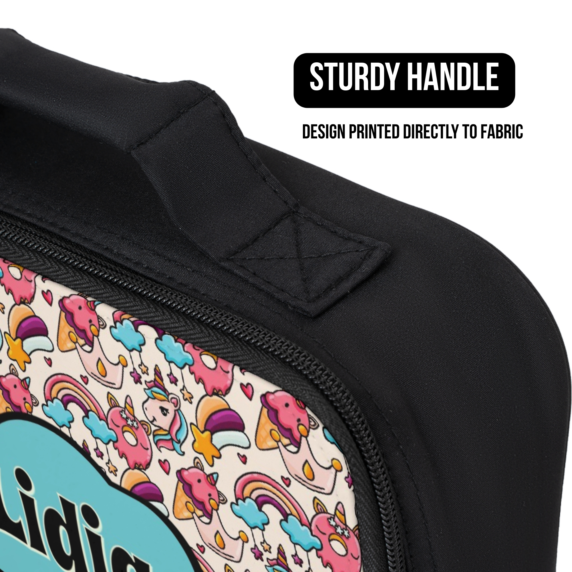 Black lunch bag with colorful design and 'Lidia' custom text, featuring a sturdy handle.